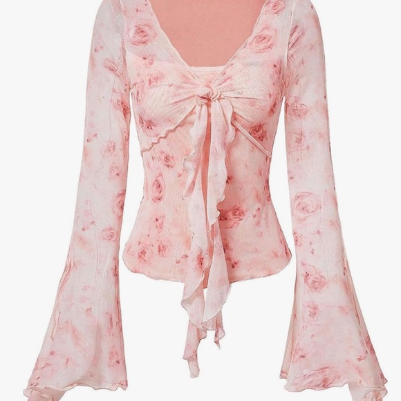 Tops - Floral Pink Women's Top Bell Sleeve‎ Y2K 200s Trendy Trending Vintage Style